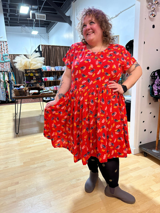 Red Floral Ty Dress