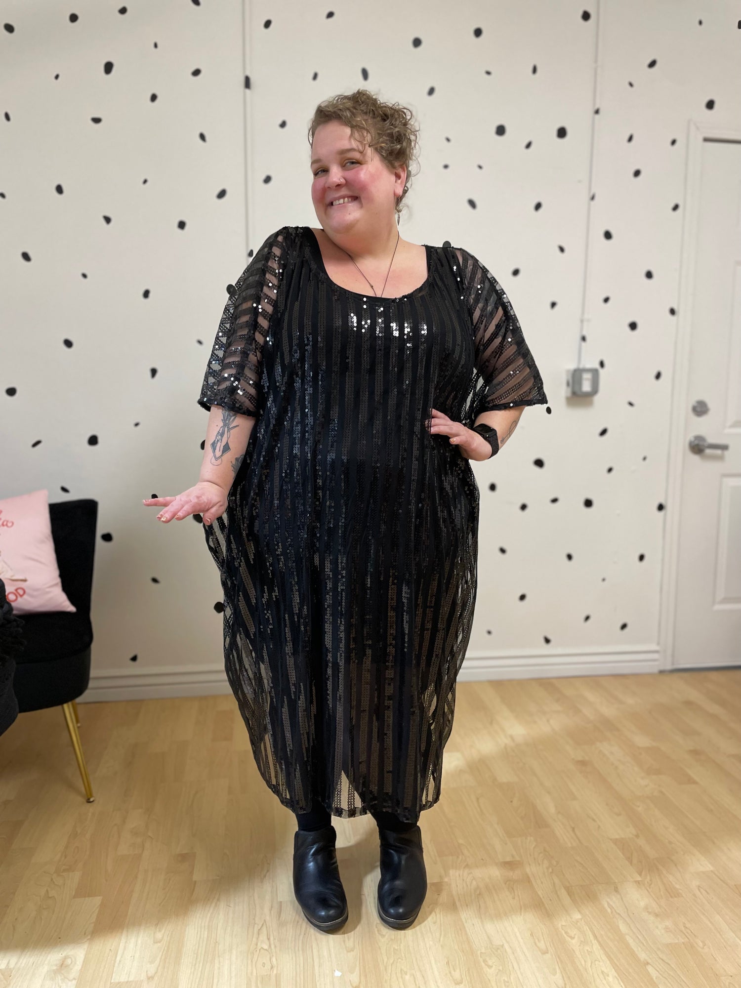 Black maxi length kaftan with alternating sheer and sequine vertical stripes