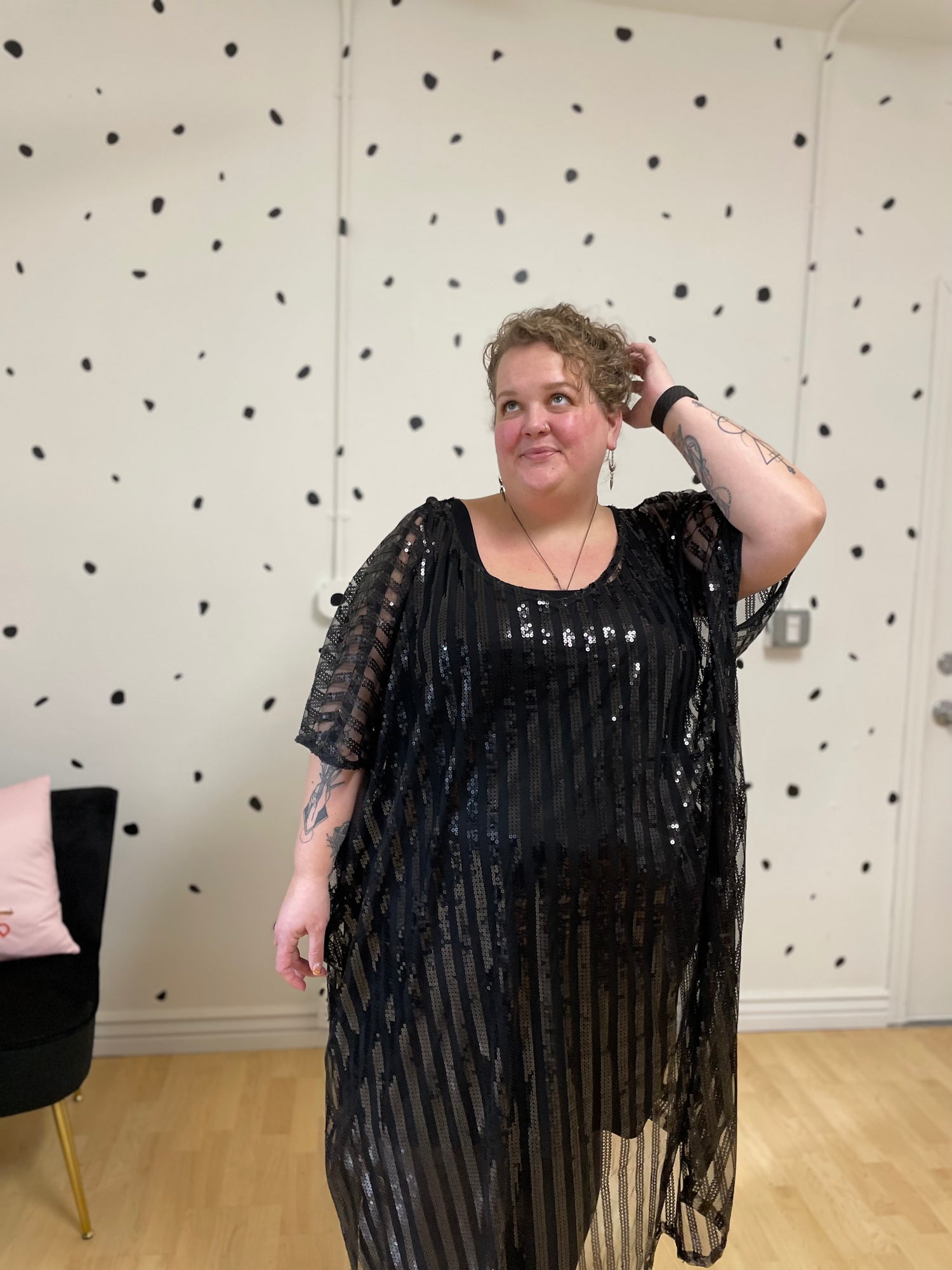 Black maxi length kaftan with alternating sheer and sequine vertical stripes