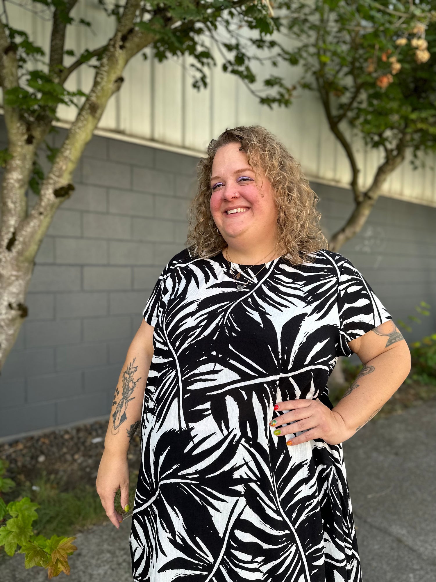 Black and White Palm Shirt Dress