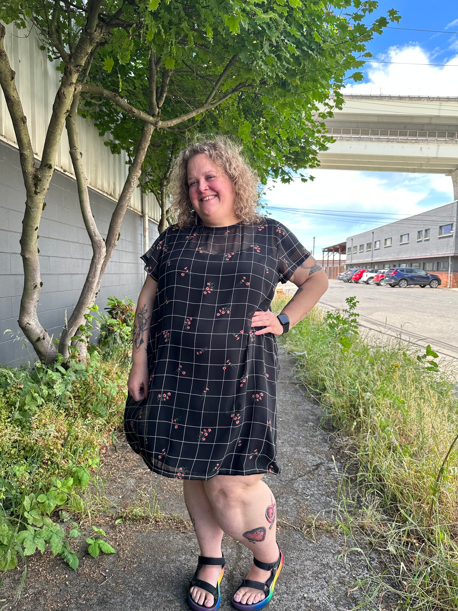 Windowpane Chiffon Shirt Dress
