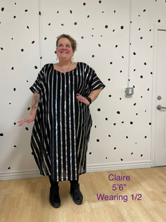 Black and silver striped kaftan showing the model in a size 1/2