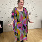Maxi length Kaftan with abstract brush stroke pattern in pink, yellow, green, and grey