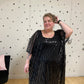 Black maxi length kaftan with alternating sheer and sequine vertical stripes