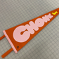 Orange pennant flag that says "Chonk" in salmon round chunky letters with a yellow corgi at the end