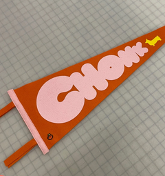 Orange pennant flag that says "Chonk" in salmon round chunky letters with a yellow corgi at the end