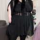 Sheer black flowy midi dress with tie around the middle. Shoulders are pleated and drape down as a sort of waterfall sleeve