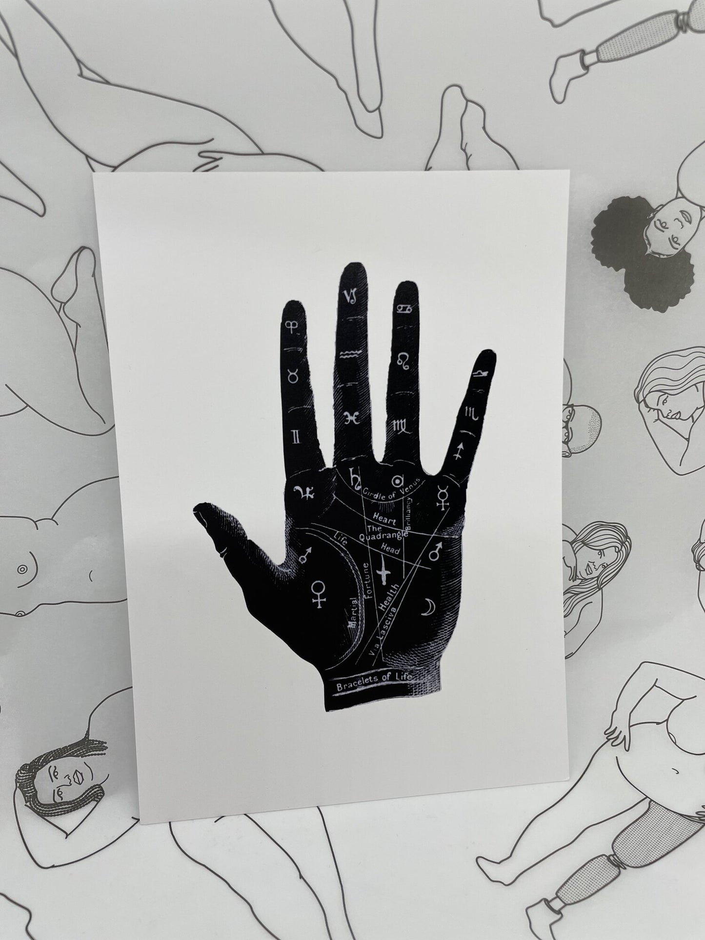 Art print with white background and a black palmistry hand.